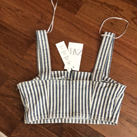 Zara Striped Denim Crop Top In Blue / White - Picture 5 of 7